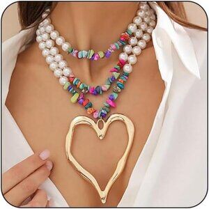 Y2K Pearls & Turquoise Necklace |Chunky Gold Heart Pendant, Long Beaded Layered